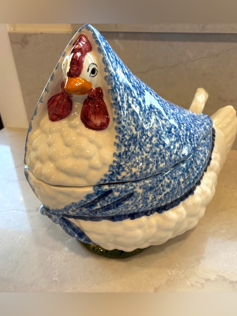 Large 11.5” Blue & White Ceramic Hen Soup Tureen with Ladle –Kitchen Decor